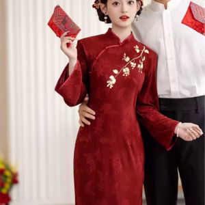 Chinese wedding Qipao, elegant red cheongsam bridal dress with long sleeves, perfect for engagement, tea ceremony, and wedding day events