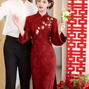 Chinese wedding Qipao, elegant red cheongsam bridal dress with long sleeves, perfect for engagement, tea ceremony, and wedding day events