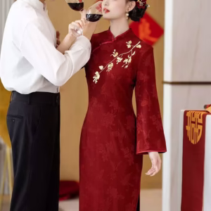 Chinese wedding Qipao, elegant red cheongsam bridal dress with long sleeves, perfect for engagement, tea ceremony, and wedding day events
